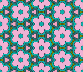 Abstract colorful doodle flower seamless pattern. Floral geometric background. Mosaic, tile of thin line ornament.