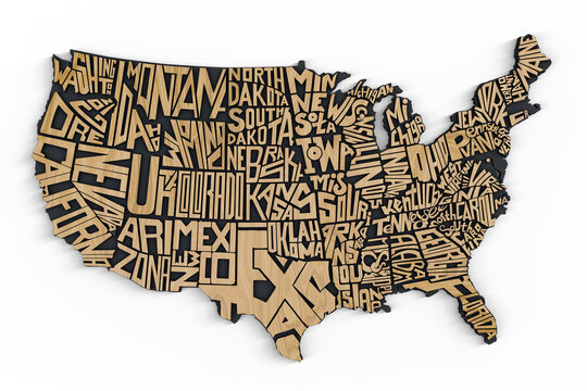 3d Geographic Map of USA Wood Lettering Render