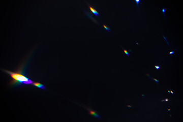 Blur colorful warm rainbow crystal light leaks on black background. Defocused abstract retro film...