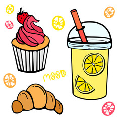A set of lemonade, cake, croissant, lettering mood, colored lemons drawn by a black line with color inside. Doodle style. Can be used in web design, as background, printing, menu and cafe design.