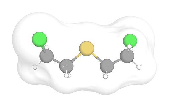 3D rendering of Mustard Gas with white transparent surface over a white opaque background. Also called sulfur mustard and senfgas.