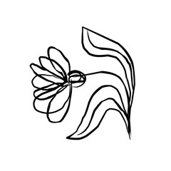 flower with twigs and leaves. Black and white isolated digital brush drawing