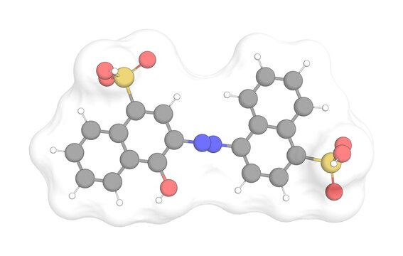 3D rendering of Azo Rubin S with white transparent surface over a white opaque background. Also called azorubine and acid red 2c.