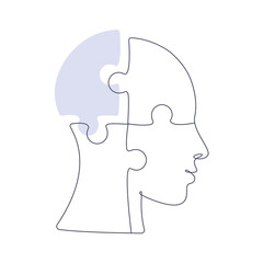 Puzzle shaped head lacking one piece in one line drawing. Concept of Mental health. Vector illustration