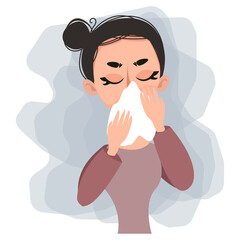 Woman blowing her nose in a white paper scarf. Cold illness or allergy. Vector illustration in cartoon flat style. Covid girl