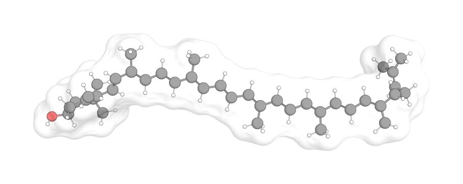 3D rendering of Rubixanthin with white transparent surface over a white opaque background. Also called natural yellow 27 and (3r)-beta-4-caroten-3-ol.