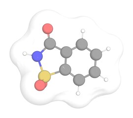 3D rendering of Saccharin with white transparent surface over a white opaque background. Also called o-benzoic sulfimide and o-sulfobenzimide.