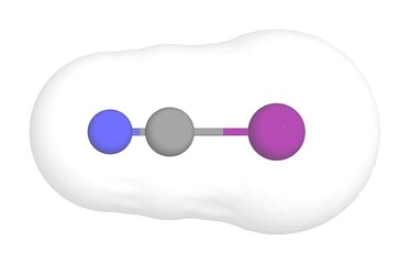 3D rendering of Cyanogen Iodide with white transparent surface over a white opaque background. Also called jodcyan and iodine cyanide (i(cn)).