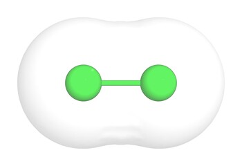3D rendering of Chlorine with white transparent surface over a white opaque background. Also called cl and molecular chlorine.