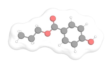 3D rendering of Propylparaben with white transparent surface over a white opaque background. Also called propyl 4-hydroxybenzoate and propyl paraben.