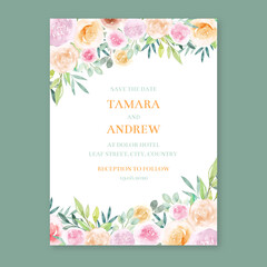 Watercolor floral wedding invitation, painted floral border card