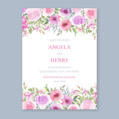 Watercolor floral wedding invitation, painted floral border card