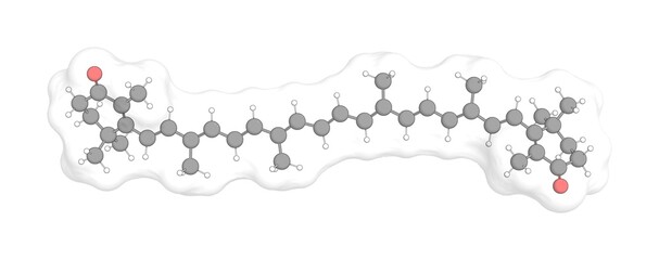 3D rendering of Canthaxanthin with white transparent surface over a white opaque background. Also called orobronze and carophyll red.