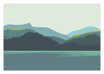 Mountain, sea, and coast. Simple flat illustration.