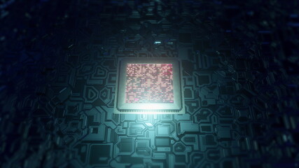 Futuristic Circuit Board CPU Processor sending electronic impuls on motherboard - obrazy, fototapety, plakaty