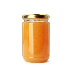 Delicious orange marmalade in jar on white background