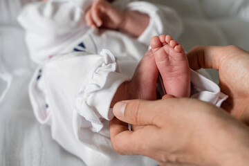 Close up on hands of unknown woman holding feet of her newborn baby son or daughter infant child in day - motherhood and maternity love concept copy space
