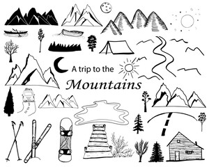 Mountain Doodle banner icon. Nature Vector Illustration Hand Drawn Art. Camping. Travel by car to the mountains. Skiing and snowboarding.