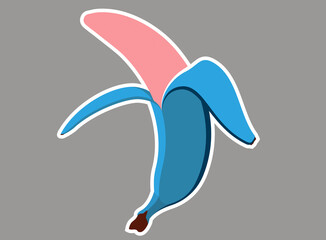 Pink ripe vector banana in blue peel. Pop art fruit. Peeled ice cream banana.