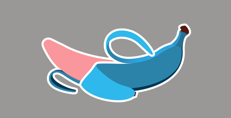 Pink ripe vector banana in blue peel. Pop art fruit. Peeled ice cream banana.