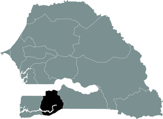 Obraz premium Black highlighted location map of the Senegalese Kédougou region inside gray map of the Republic of Senegal