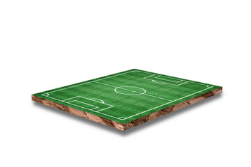 Soil cubical cross section with soccer field, green grass, Isolated on white background. 3D Rendering. © banphote