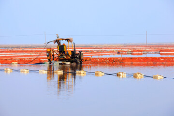 Salt-farm workers produce salt in the salt fields， salt-farm equipment produces salt