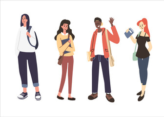 Obraz premium A group of happy high school student standing together flat vector illustration. Welcome back to school. Teenagers holding books isolated on white background. 