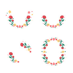 Set of cute red yellow and pink flowers arrangement with green leaves isolated vector on white background. Colorful floral element for wedding or greeting card design.