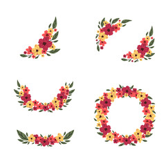 Set of beautiful red yellow and pink flowers arrangement with green leaves isolated vector on white background. Colorful floral element for wedding, greeting card design or graphic decoration.