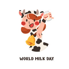 Let's drink milk with lovely cow girl mascot flat vector illustration. Nationl Milk Day. A cheerful cow woman celebrating and enjoy drinking a glass of white milk for healthy.