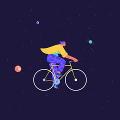 Fototapeta na wymiar Flat illustration of a woman wearing yellow shirt riding yellow road bicycle in the outer space
