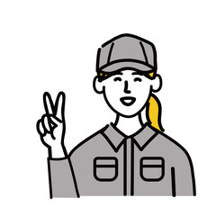 作業服　女性　若い　ピース　いいね　ポップ　手描き
