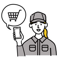 作業服　女性　若い　スマホ　スマートフォン　携帯電話　携帯　オンラインショッピング　ポップ　手描き
