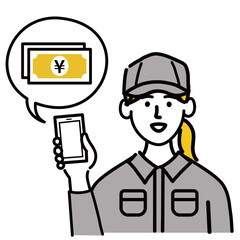 作業服　女性　若い　お金　現金　スマホ　スマートフォン　携帯電話　携帯　ポップ　手描き
