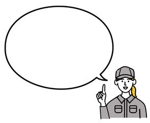 作業服　女性　若い　提案　空欄　空白　人差し指　ポップ　手描き
