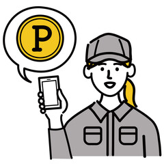 作業服　女性　若い　スマホ　スマートフォン　携帯電話　携帯　ポイント　ポップ　手描き
