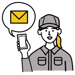 作業服　女性　若い　スマホ　スマートフォン　携帯電話　携帯　メール　ポップ　手描き
