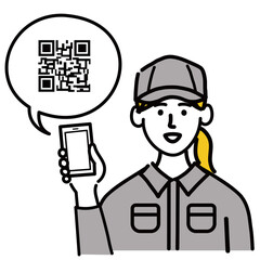 作業服　女性　若い　スマホ　スマートフォン　携帯電話　携帯　QRコード　ポップ　手描き
