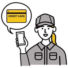 作業服　女性　若い　スマホ　スマートフォン　携帯電話　携帯　クレジットカード　ポップ　手描き

