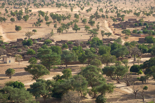 Aerial view of a Dogon Tribe village near Bandiagara Escarpment in Mali.