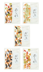 日本のお菓子「おかきとあられ」手描き水彩風イラスト