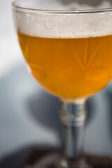 Close up of a glass full of beer. Beer foam fills completely the top part of the glass. blurred background.