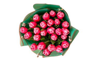 Beautiful bouquet of tulips on a white background, view from above