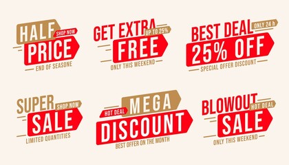 Sale sticker set with mega discount and half price offer. Badge with get extra free, best deal up to 25 percent off, blowout super sale limited in time and quantity vector illustration - obrazy, fototapety, plakaty