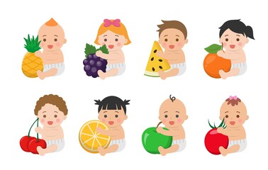 Cute babies with healthy vegetables and fruits, comic cartoon vector characters set