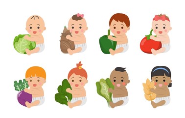 Cute babies with healthy vegetables and fruits, comic cartoon vector characters set