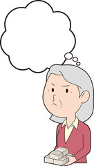 お金を抱えてイライラするシニア女性