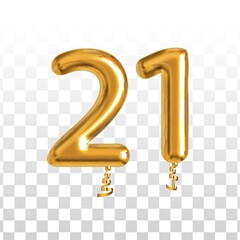 Vector realistic isolated golden balloon number of 21 for invitation decoration on the transparent background. - obrazy, fototapety, plakaty