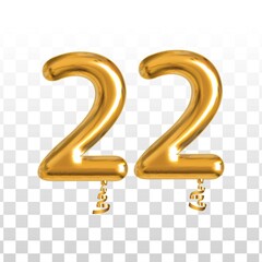 Vector realistic isolated golden balloon number of 22 for invitation decoration on the transparent background.